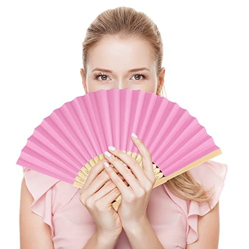 20 Pieces Handheld Pink Paper Fan Paper Folding Fans with Bamboos for Wedding