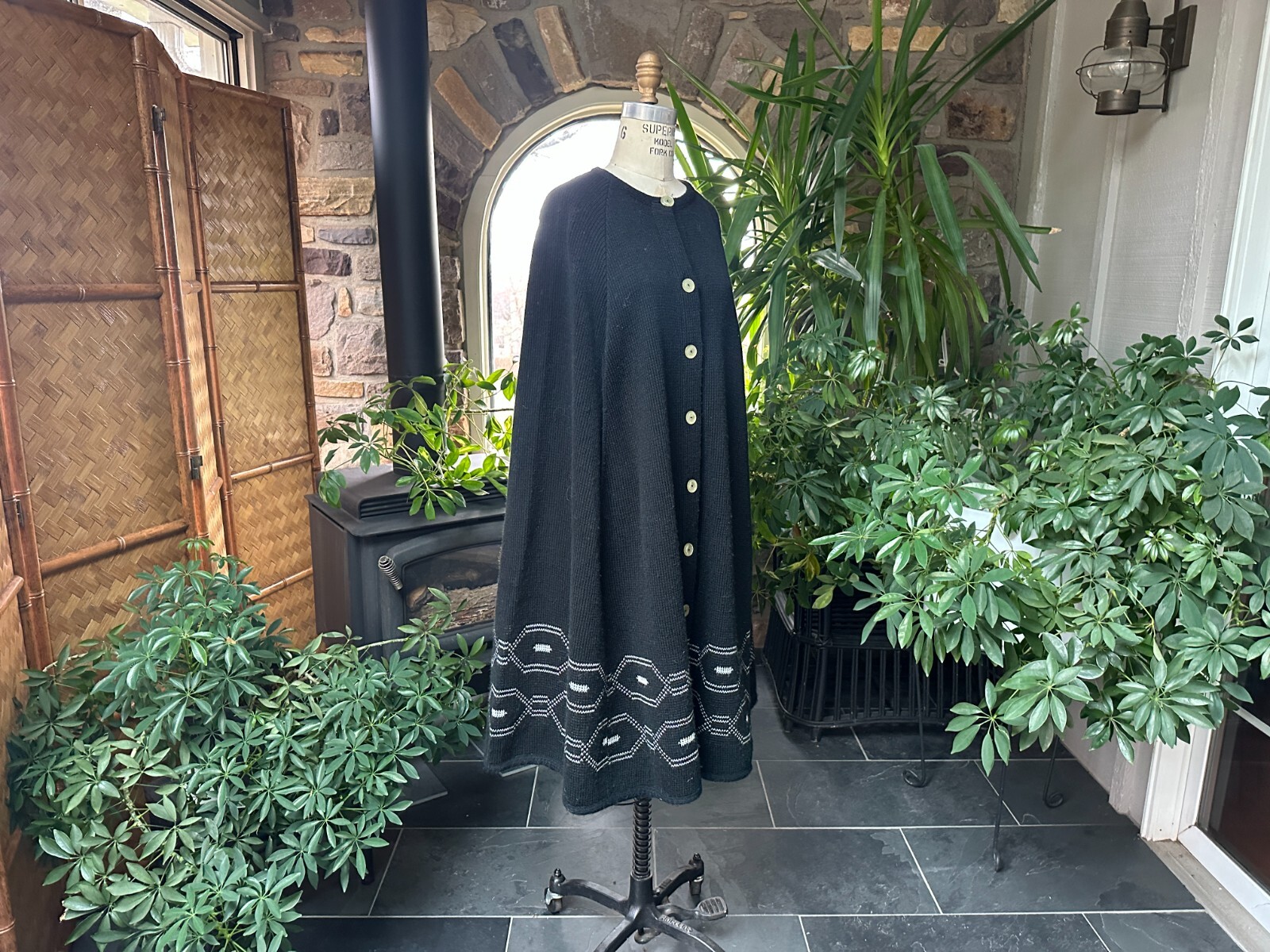 Vintage 1970s Black and White Acrylic Button Front Knee Length Cape Sturbridge