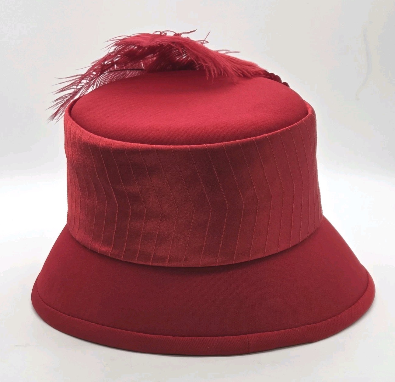 ML Studio Church Hat Red Cloche Derby Style Feathered Flower VTG 80s