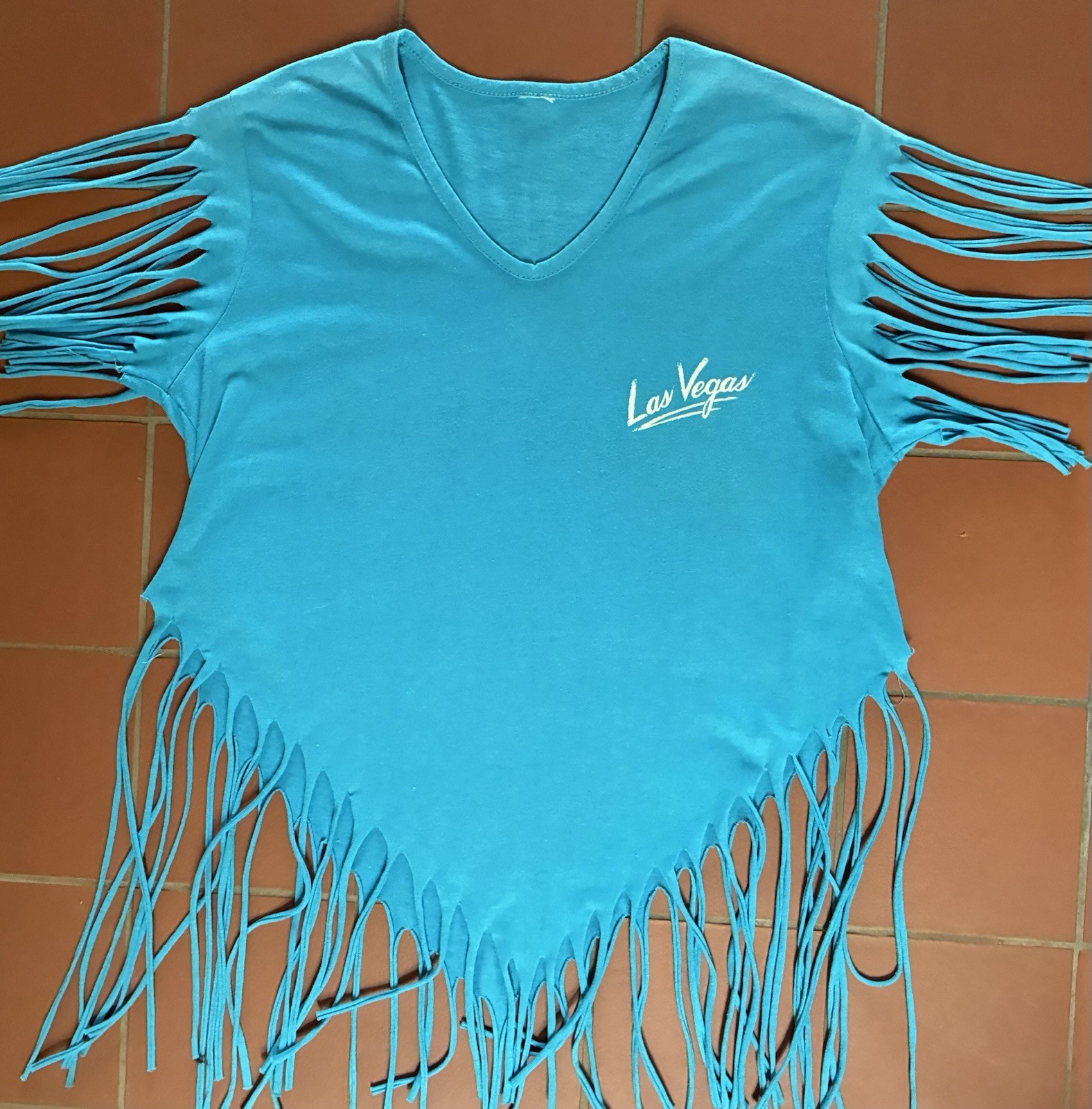 Vintage 80s 90s Las Vegas Teal Fringe Women’s T shirt Single Stitch size M