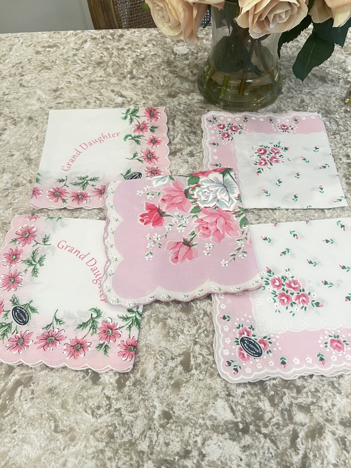 5 New Pink Roses Floral Grand Daughter Handkerchief – LuRay Hankie! Set Vtg