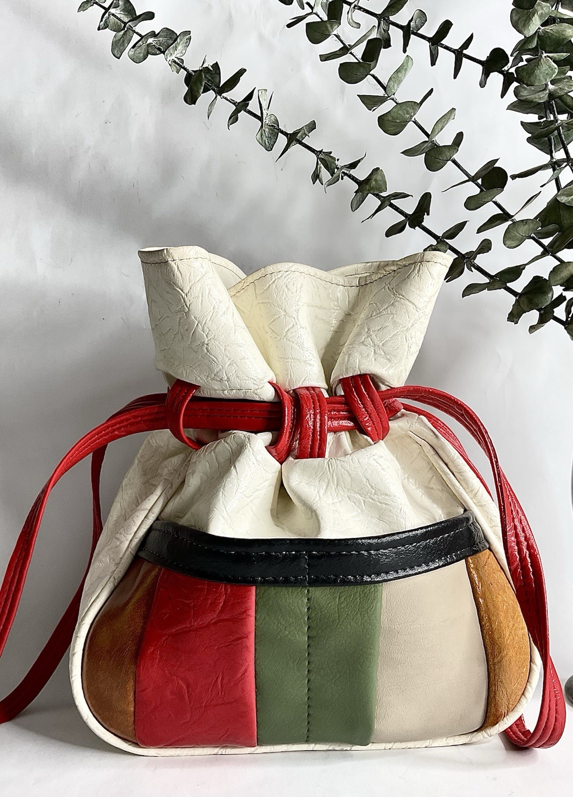 Vintage Multi Colored Drawstring Bucket Bag, Retro Mod Bohemian Purses