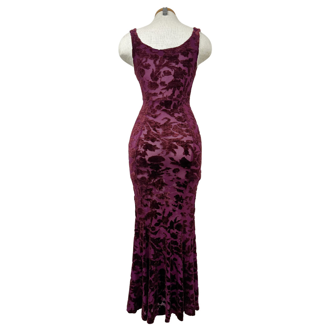 Vintage 1990s Betsey Johnson Burgundy Sheer Floral Velvet Burnout Maxi Dress
