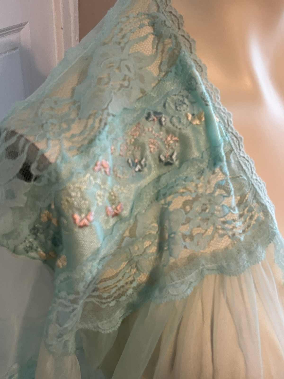 Vintage Stardust Sheer Aqua Blue Lace Robe Nylon Open Front 60” Small S