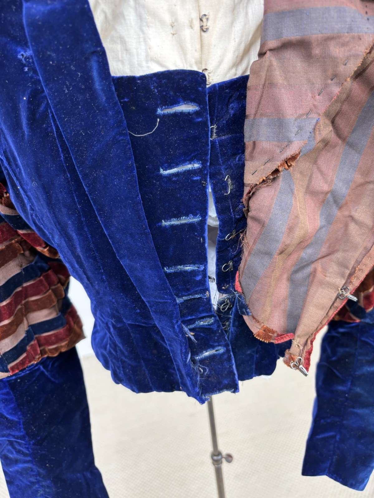 Antique Victorian Royal Blue Velvet Brown Stripes Jacket Leg of Mutton Sleeve