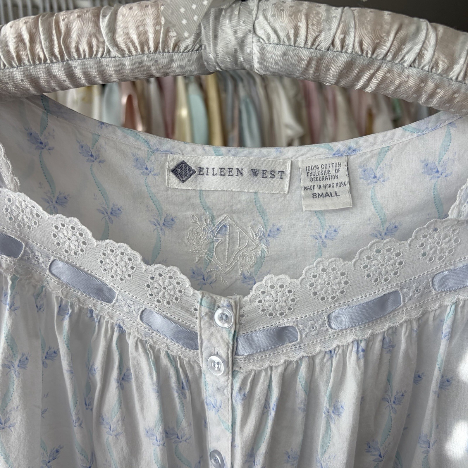 vintage y2k eileen west blue ribbon floral cotton nightgown pockets