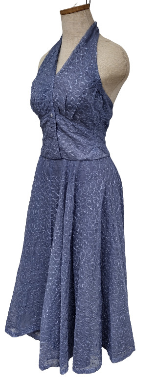 Cute! 2 Pc. VTG 1940s 1950s Halter Top Skirt Blue Dress sz S 6 Rockabilly Pinup