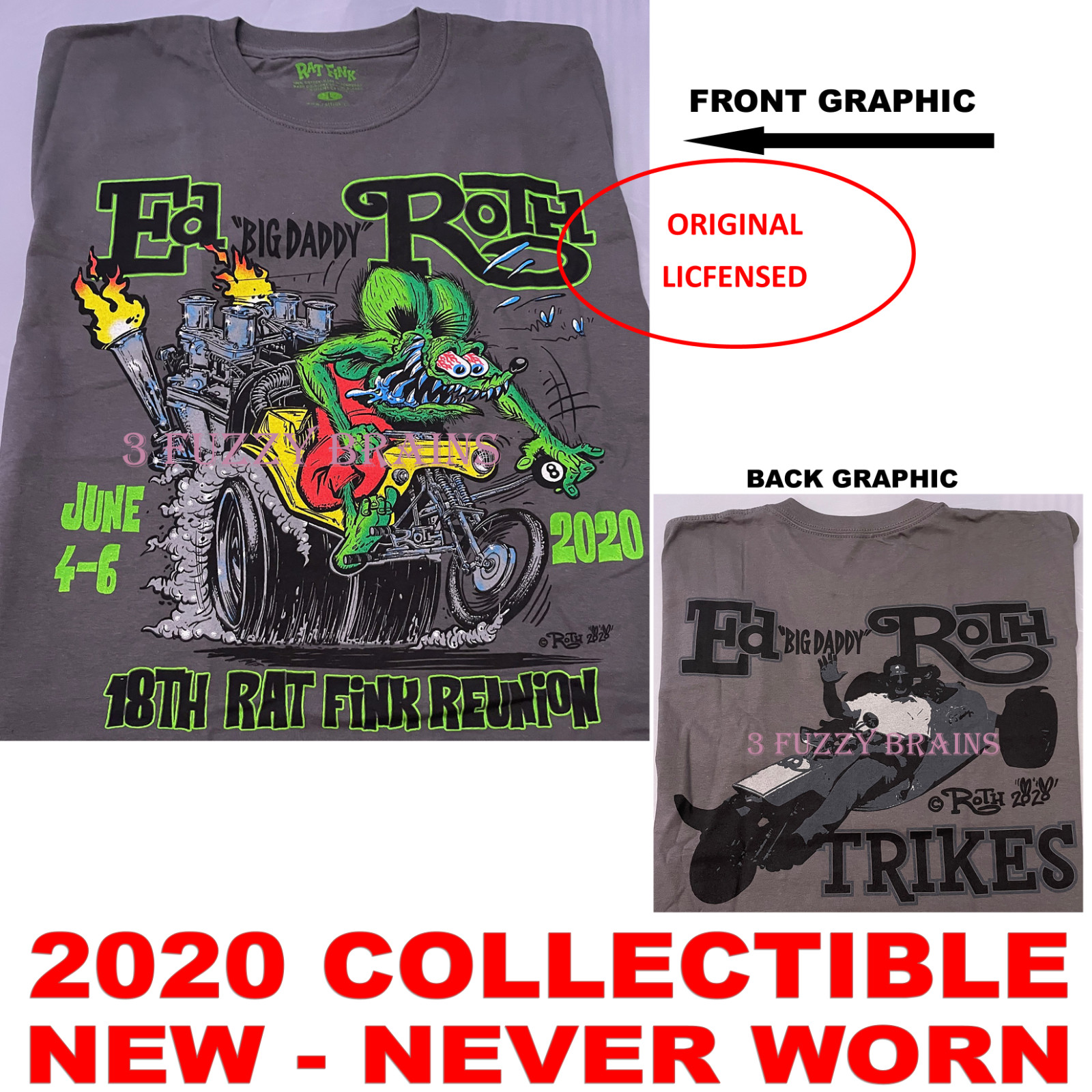Ed Roth Rat Fink 2020 Vintage But NEW 18th Annual Reunion Gray T shirt Large