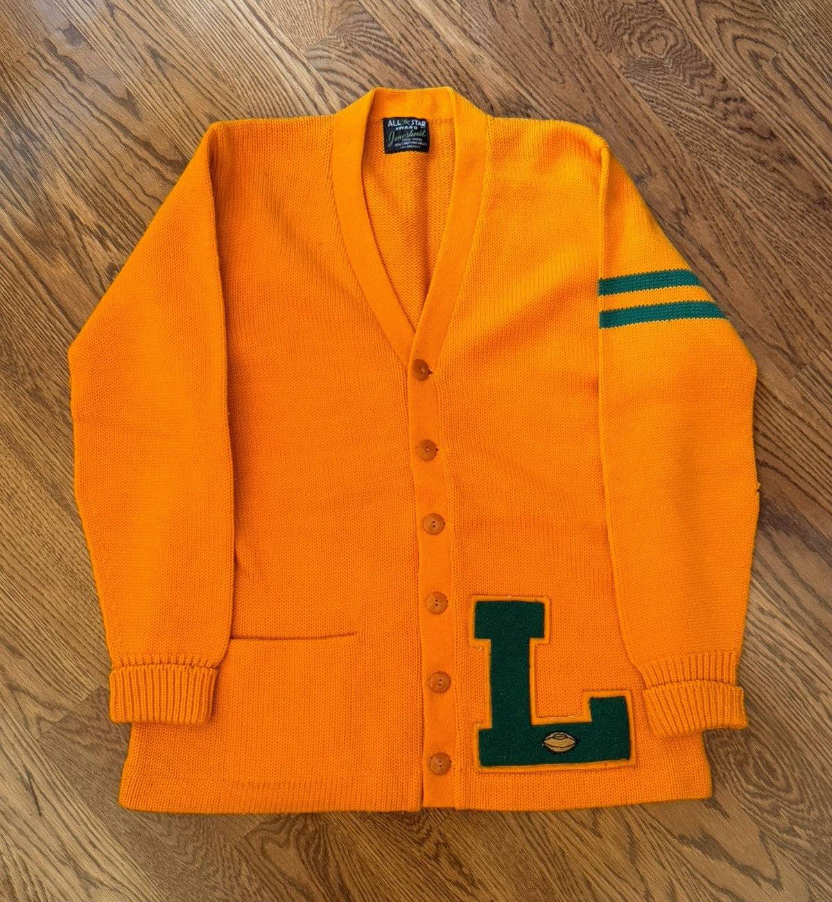 TRUE VTG 50/60’s 100% Wool Knit Orange Button-Front Letterman w/ Green L Patch