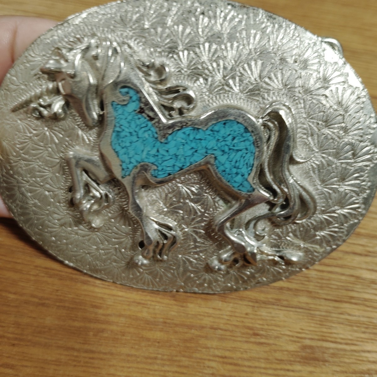 Vintage Unicorn Turquoise Chip Inlay Oval Belt Buckle Silver Tone Mystical Magic