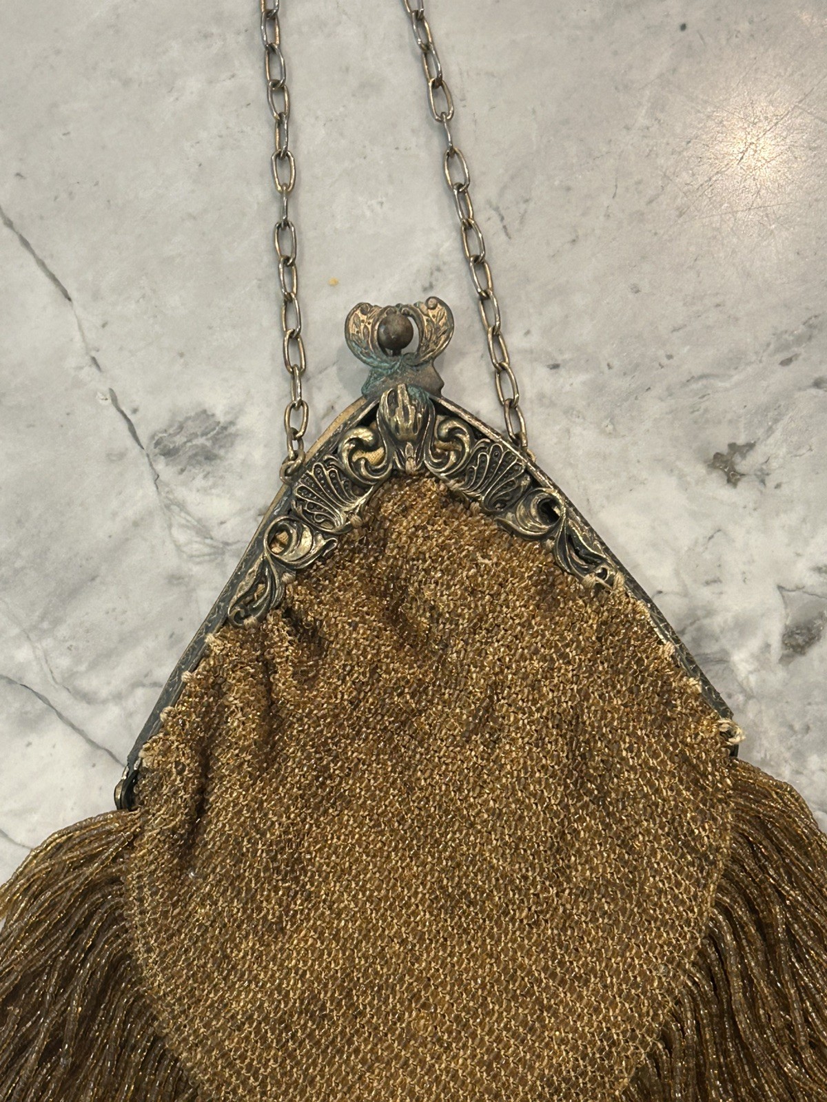 Antique Art Deco Gold Filigree Frame Amber Bead Fringe Silk Lined Flapper Purse