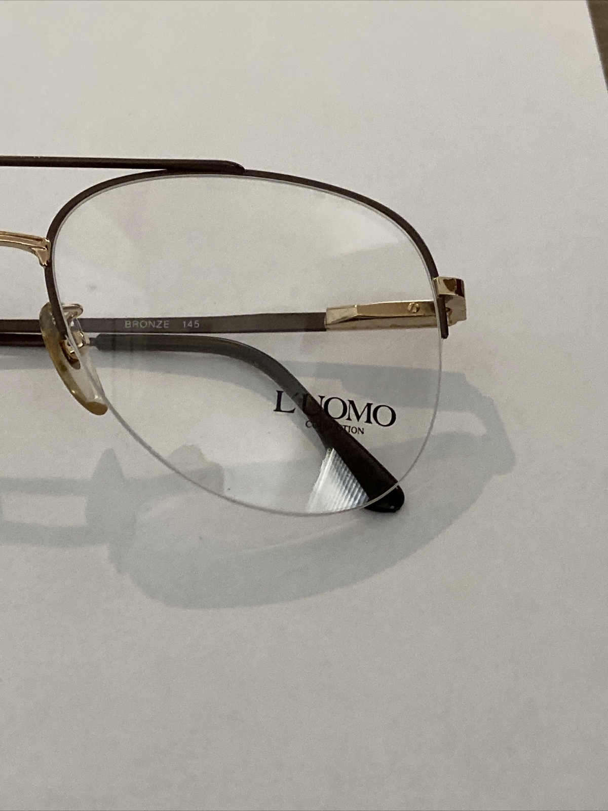 Vtg NOS Double Bridge L’UOMO Aviator Bronze Gold Eyeglass Frames 58-18-145 Italy