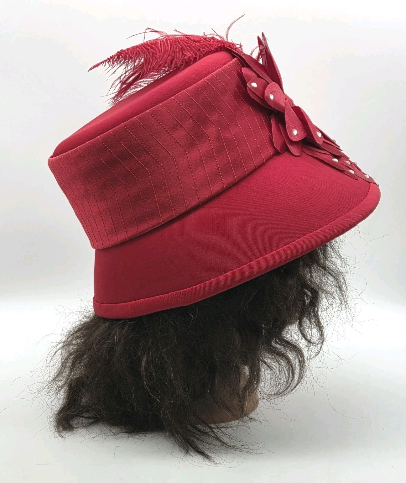 ML Studio Church Hat Red Cloche Derby Style Feathered Flower VTG 80s