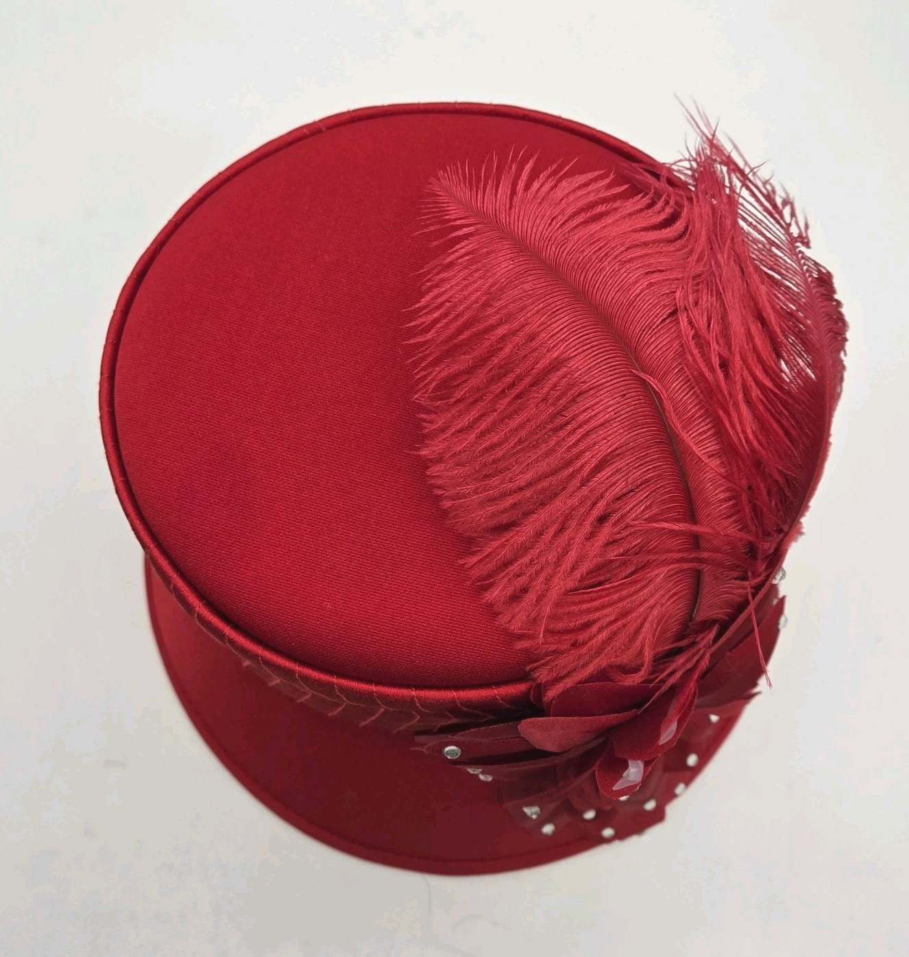 ML Studio Church Hat Red Cloche Derby Style Feathered Flower VTG 80s