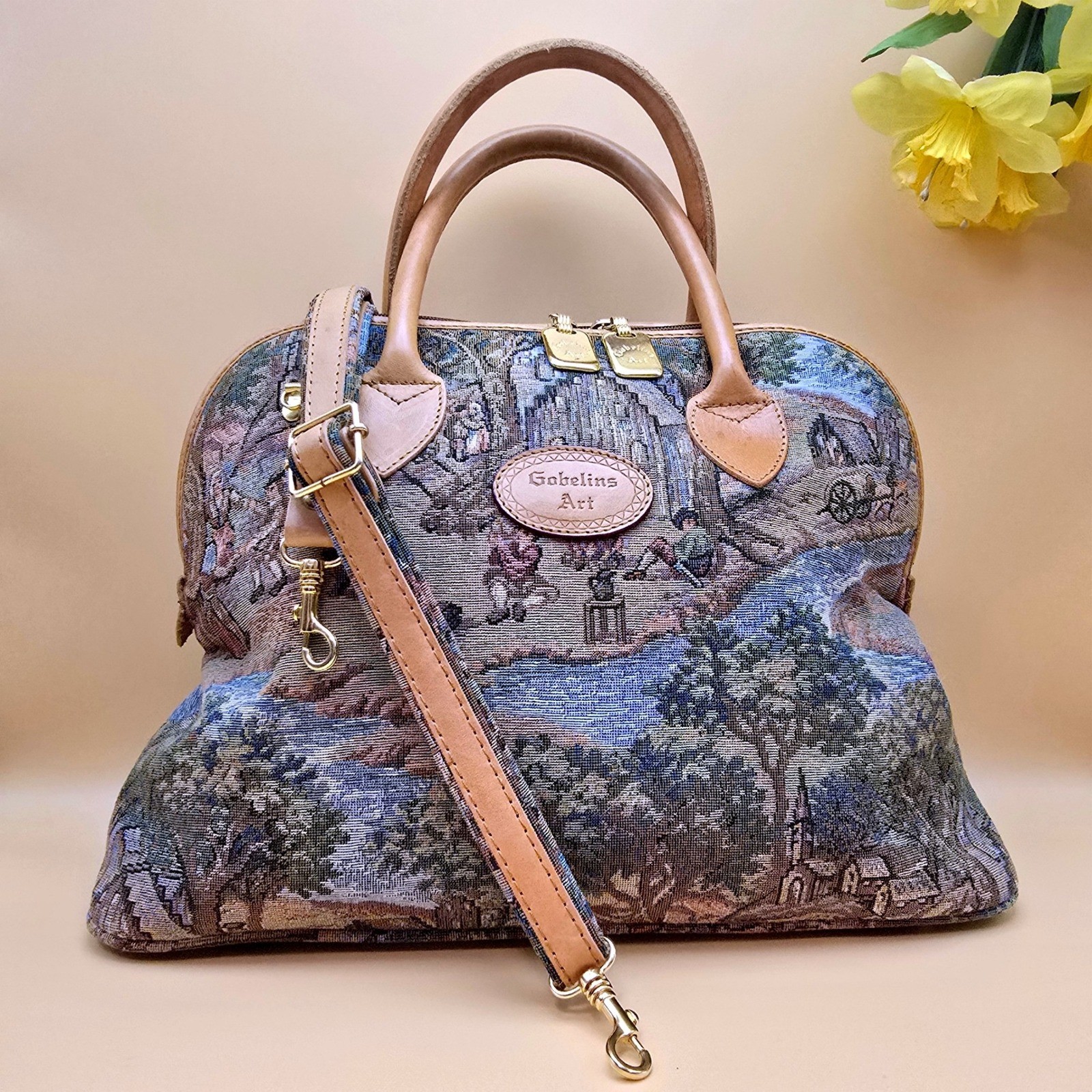 Gobelins Art Vintage Tapestry Satchel Bag Scenic Village Tan Trim Crossbody