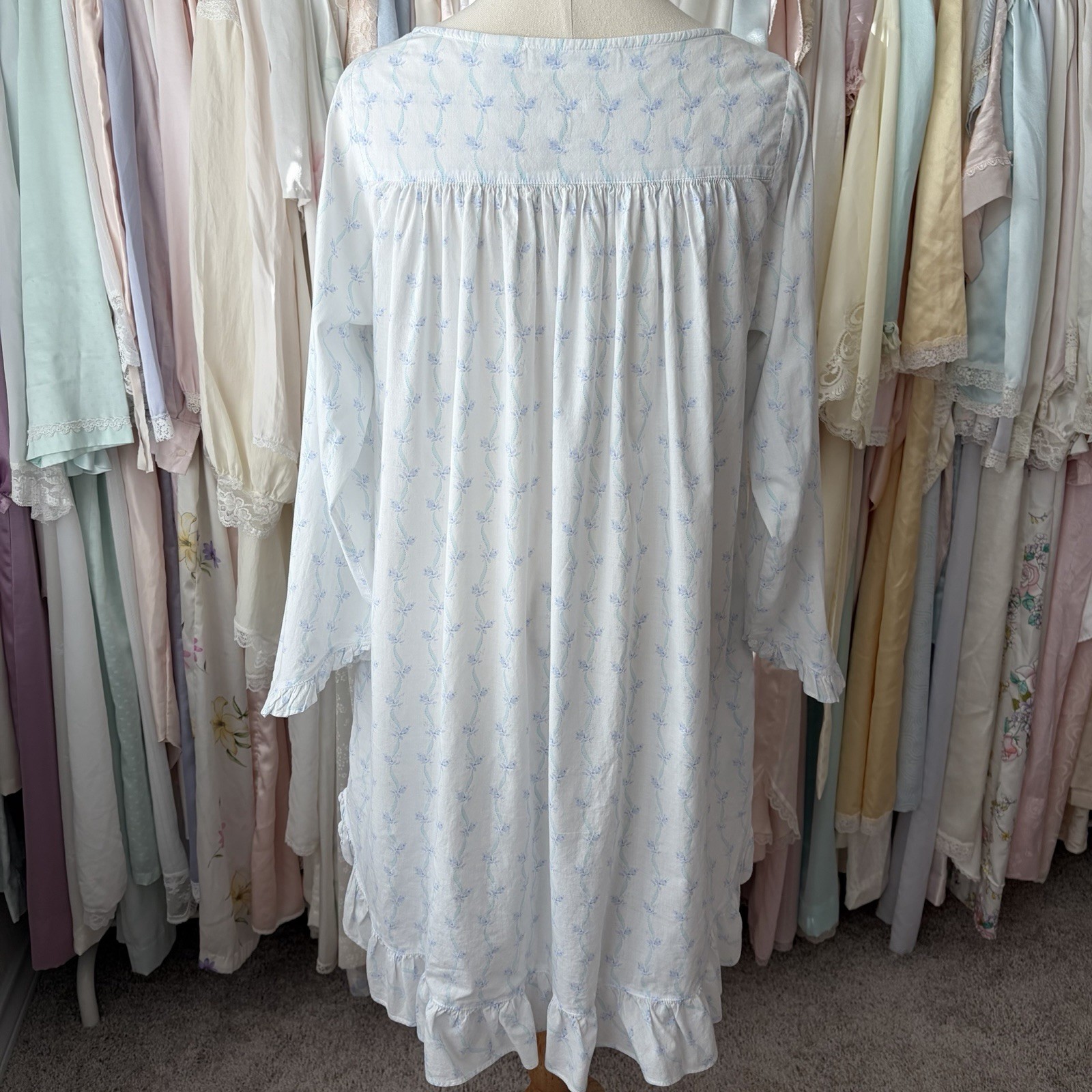 vintage y2k eileen west blue ribbon floral cotton nightgown pockets