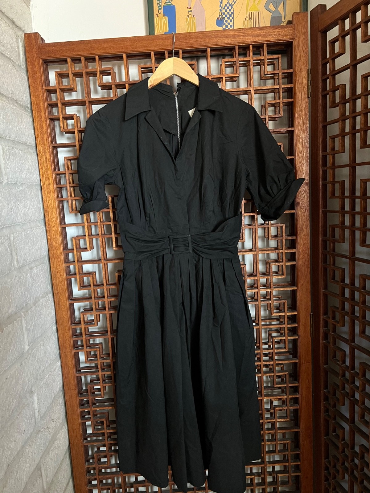 Vintage 1950s Black Cotton House Dress Shirtwaist Belted GIGI Young New York M
