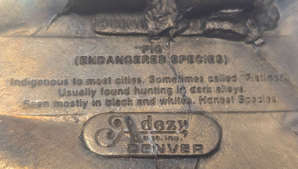 Vintage 1977 Adezy Denver Brass Belt Buckle Pig Endangered Species Police