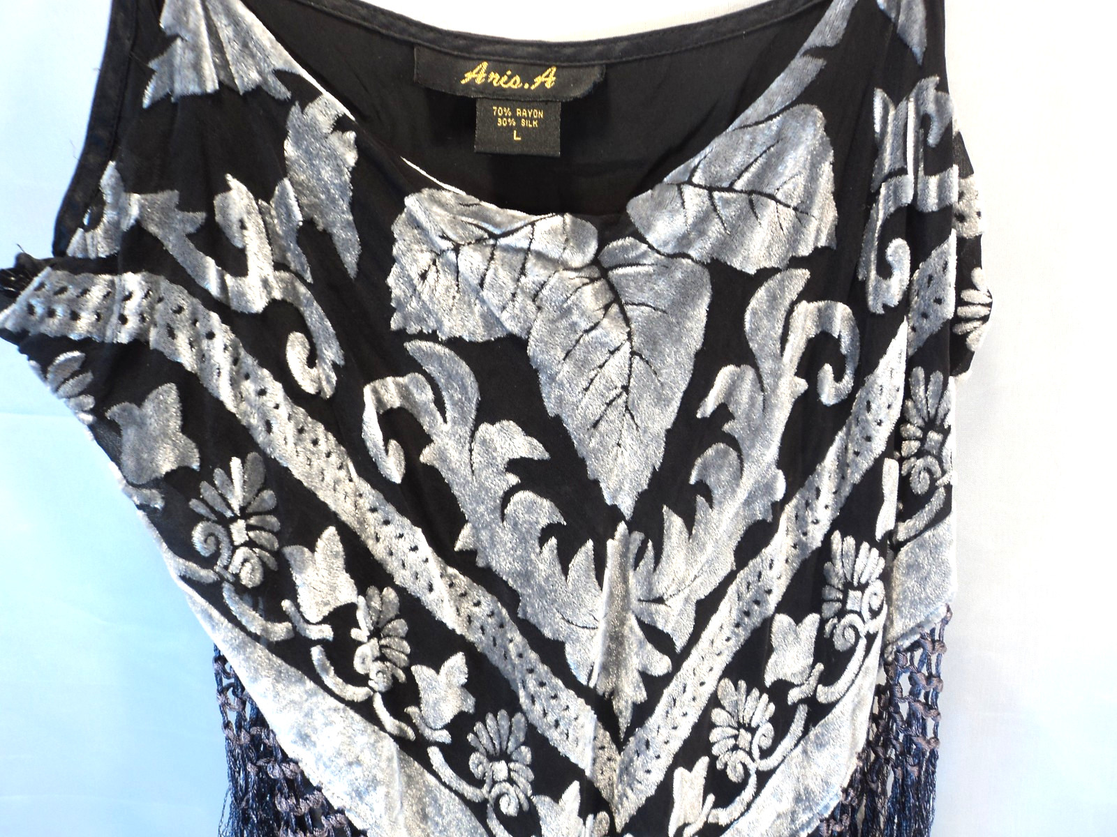 Vintage Aris A Y2K Silk Blend Burnout Velvet Fringe Maxi Dress Sz L