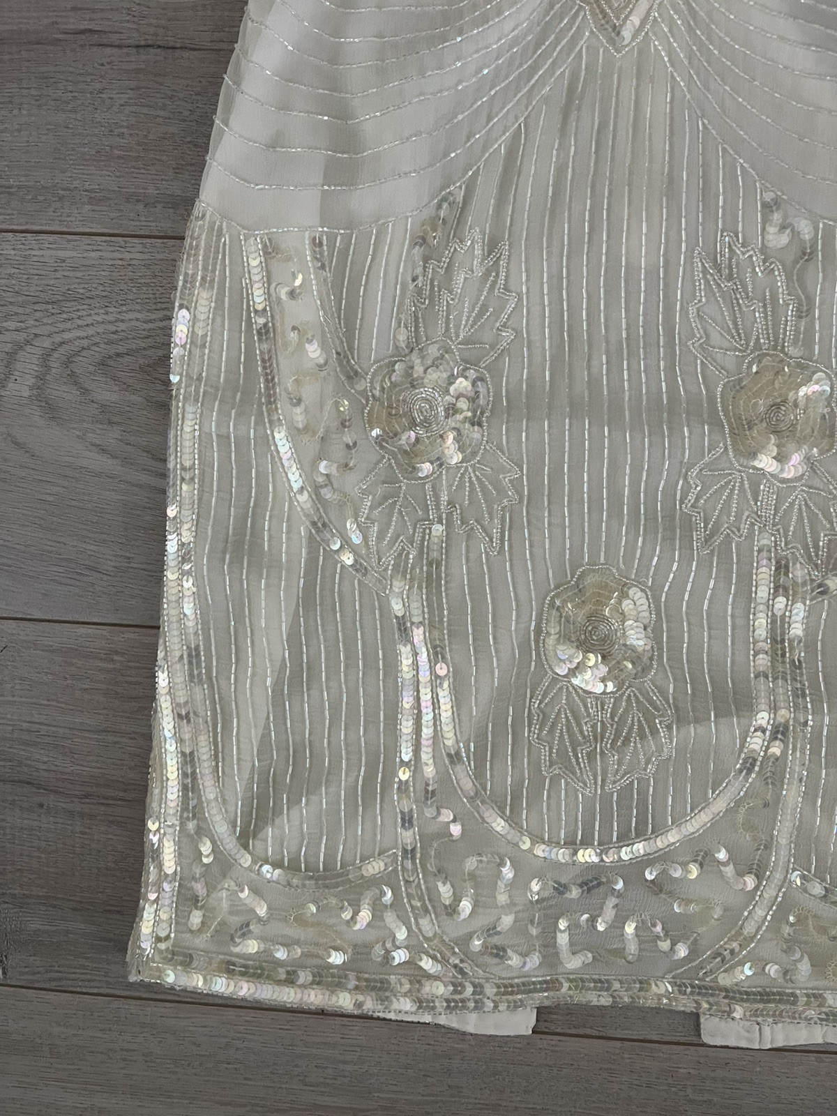 Womens Vintage Silk NEIMAN MARCUS Ivory Art Deco Cocktail Party Sequin Dress, S