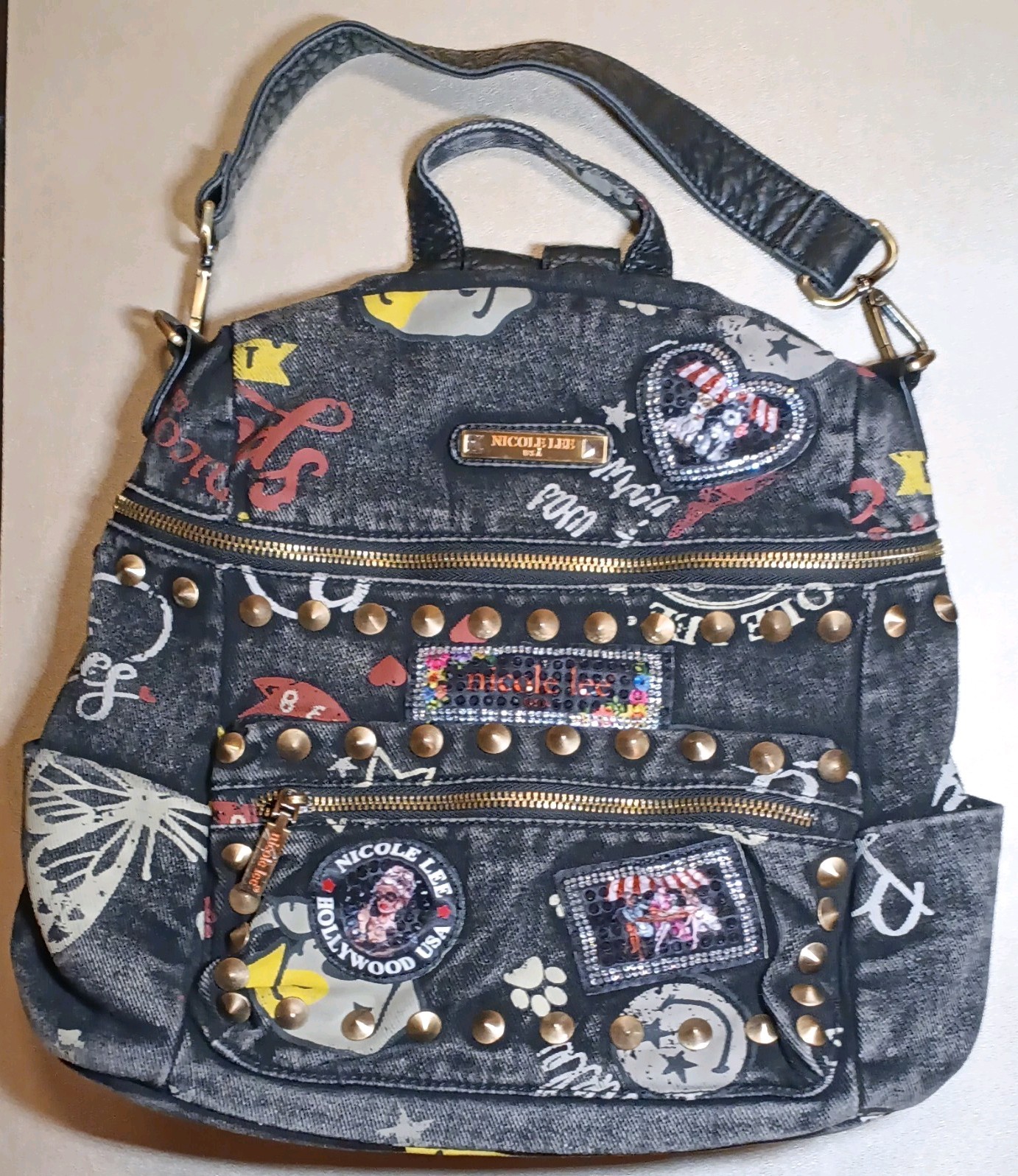 Nicole Lee Black Faded Levi Back Pack Purse Handbag