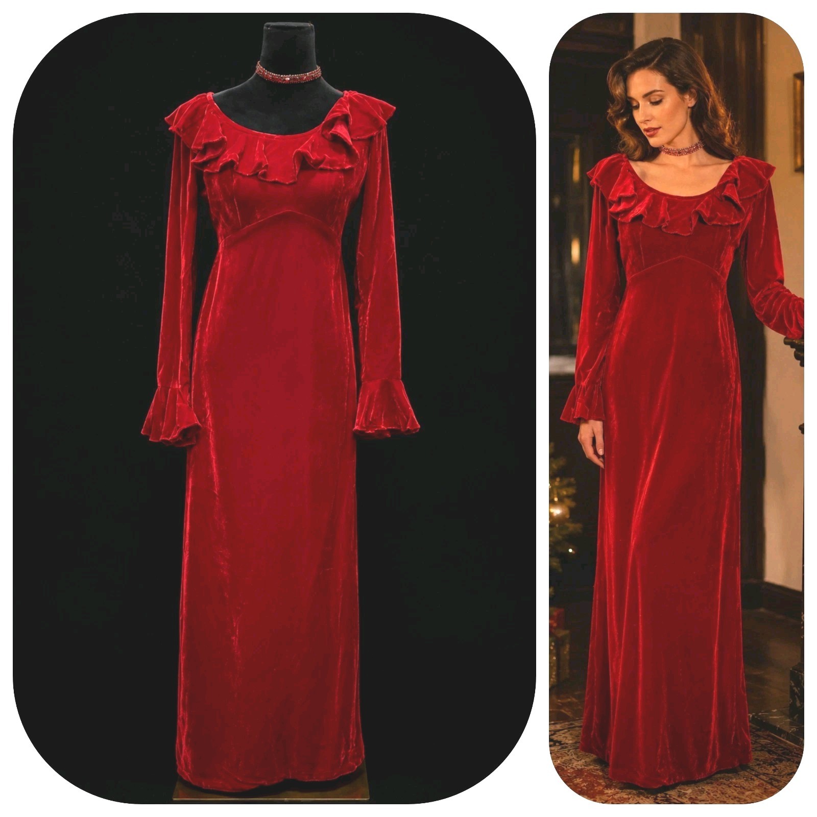 Vintage 60s Red Velvet Maxi Dress Empire Waist Ruffle Holiday Formal Gown S/