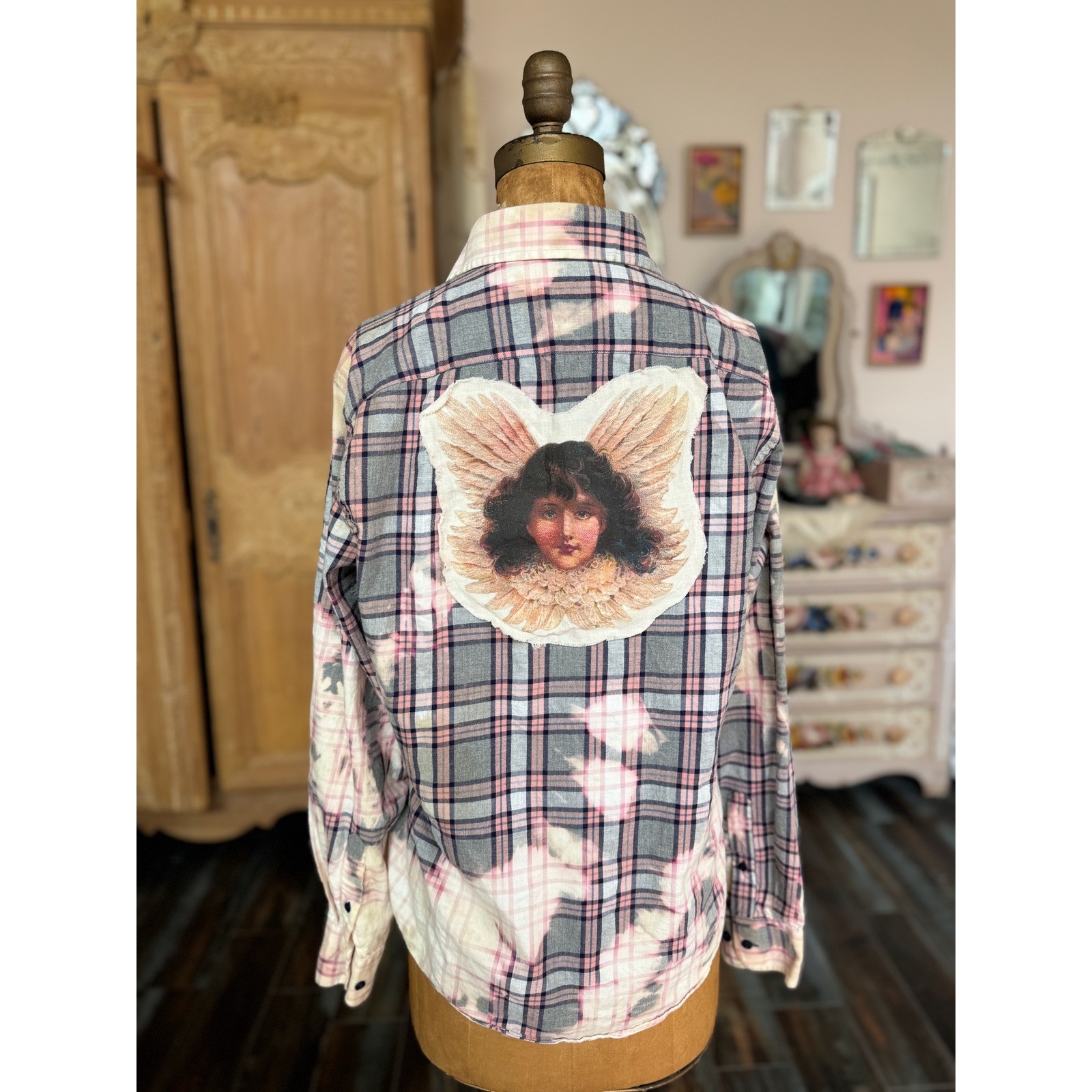 Upcycled Angel Flannel Bleach Dye Folk Art Shirt Cottagecore Boho Med. Slim fit