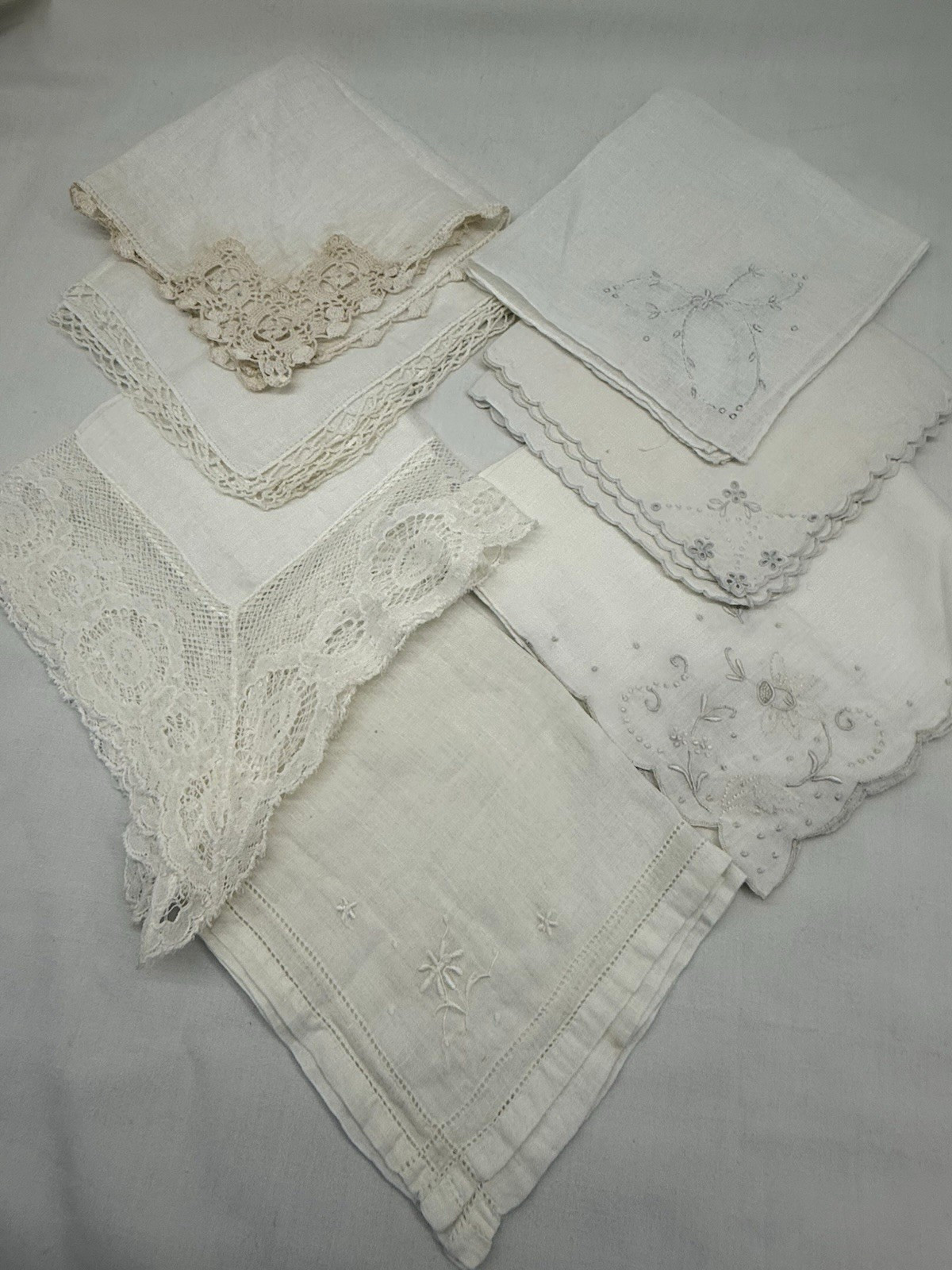 Lot of 7 Vintage Hankies Handkerchiefs White/off White Wedding Embroidered Lace