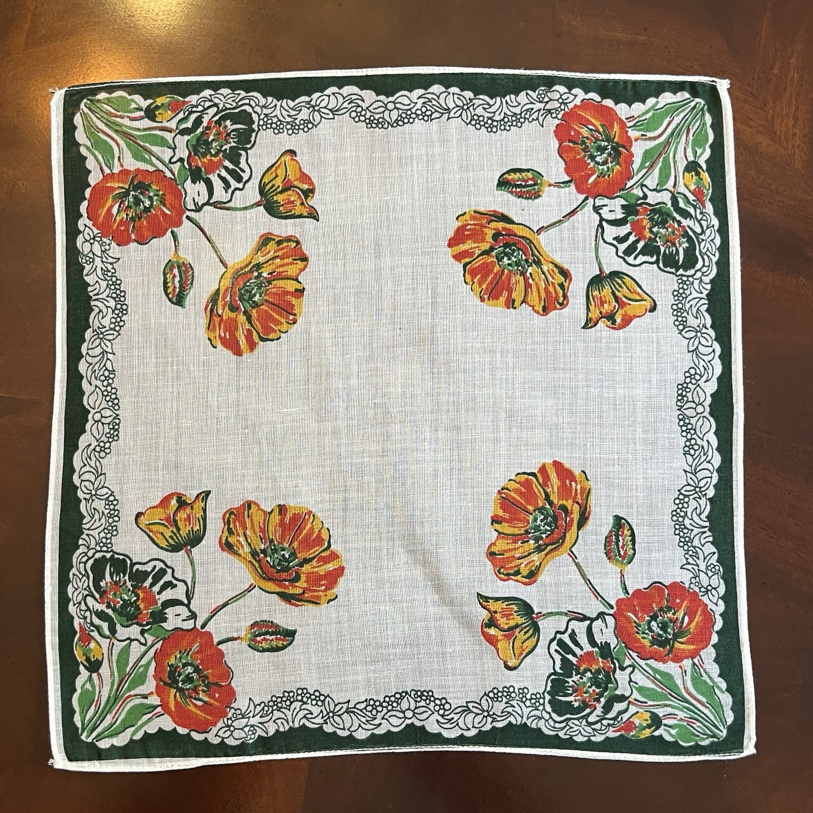 VTG MCM Floral Hankie Bright Orange Poppies Dark Green Border Cotton 10×10″