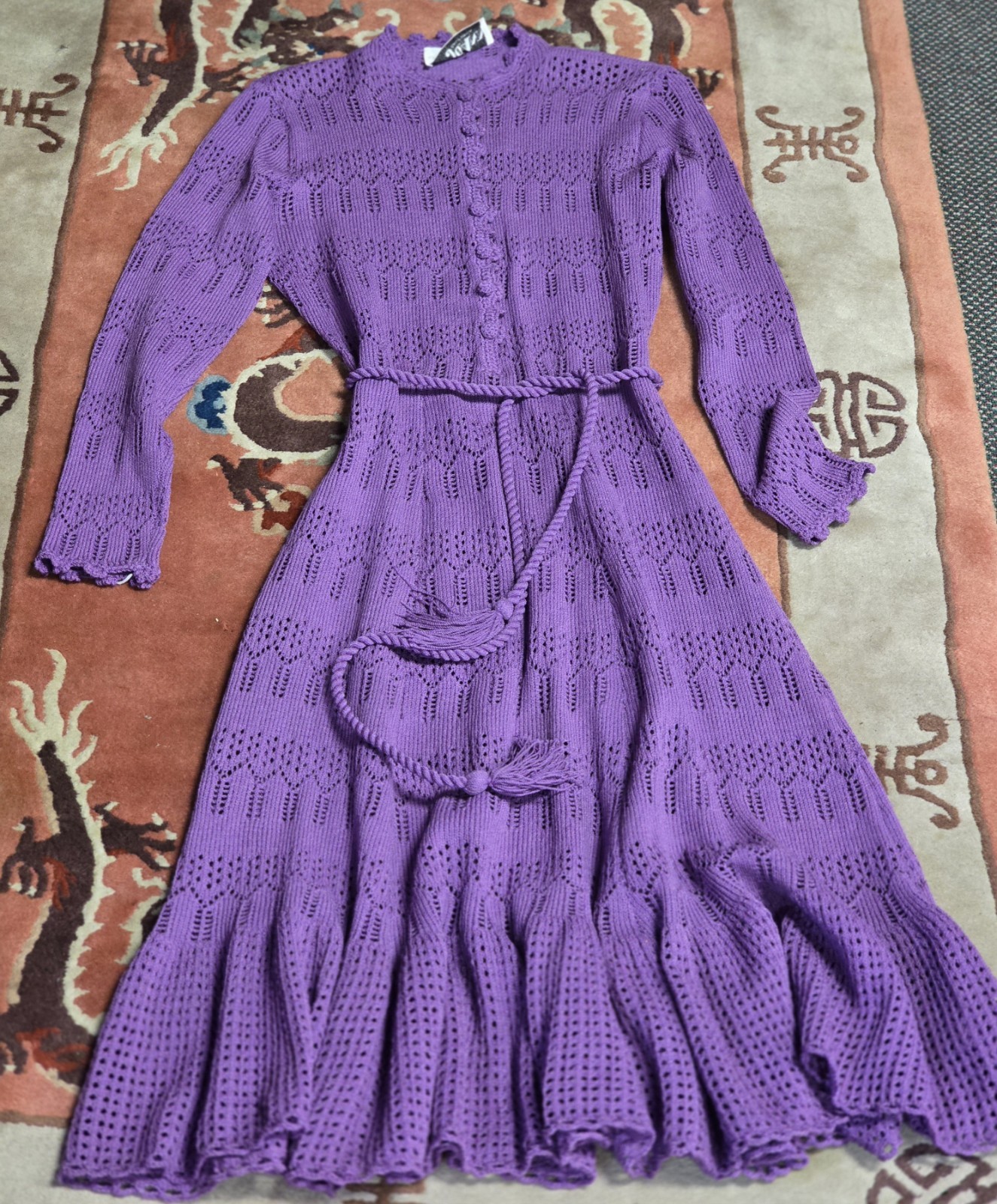 Vintage 70’s Miss Joann California Knit Crochet Dress Violet 10 NEW WITH TAGS