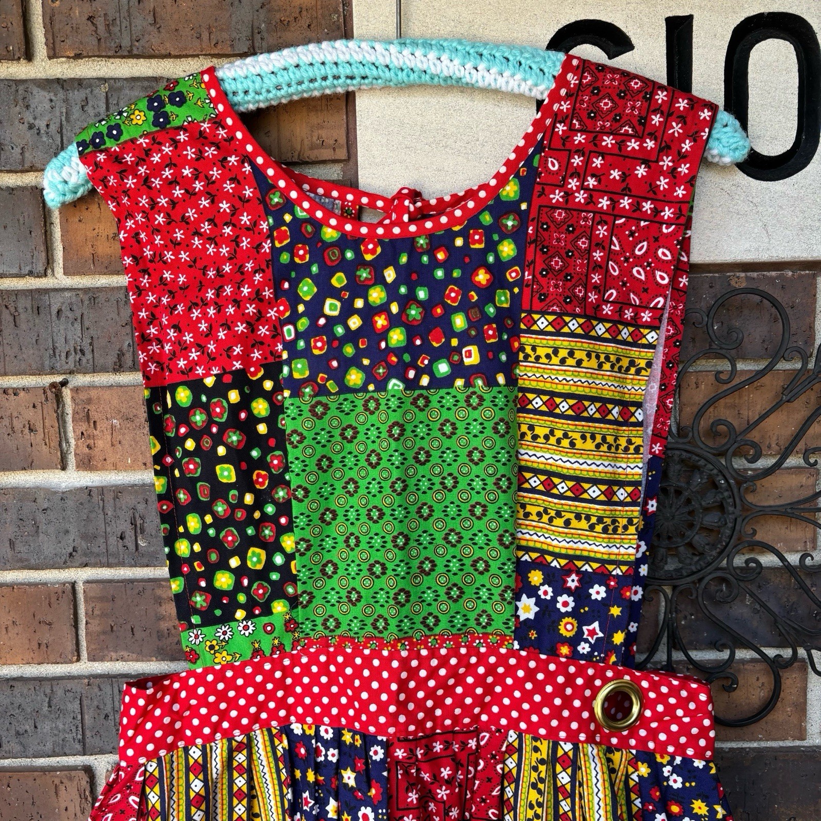 Vintage 1970s Patchwork Apron Smock Wrap maxi dress with pockets and ties S/M