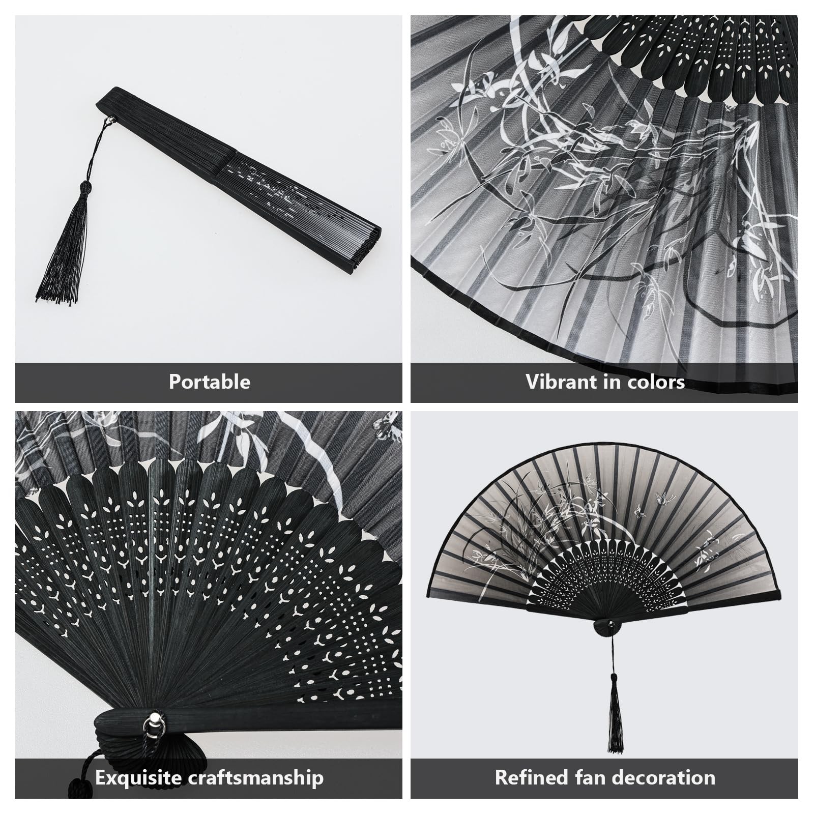 4 Pcs Handheld Folding Fan Small Chinese Silk with Tassel Floral Manual Fan Hand
