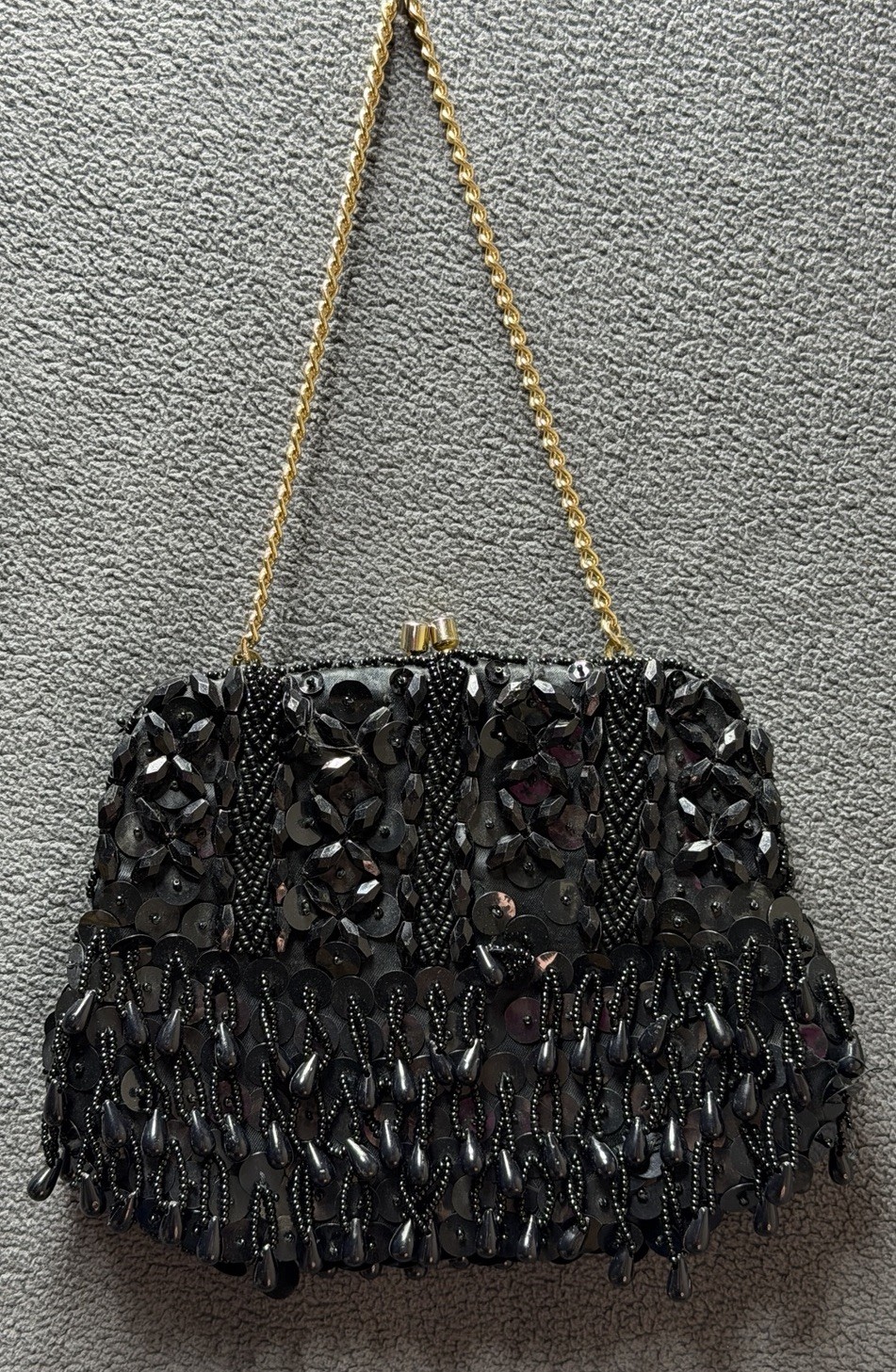 Vintage JEM Sequin Beaded Clutch Purse Black Evening Handbag Snap Hong Kong