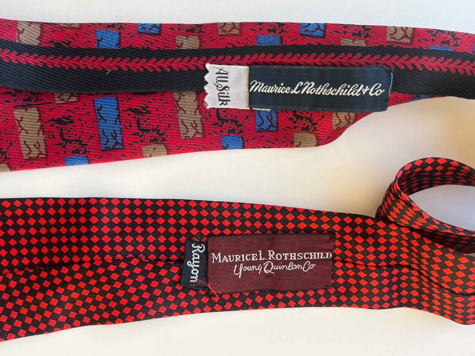 LOT 2 VINTAGE MAURICE L. ROTHSCHILD RED 100% SILK SKINNY NECK TIES