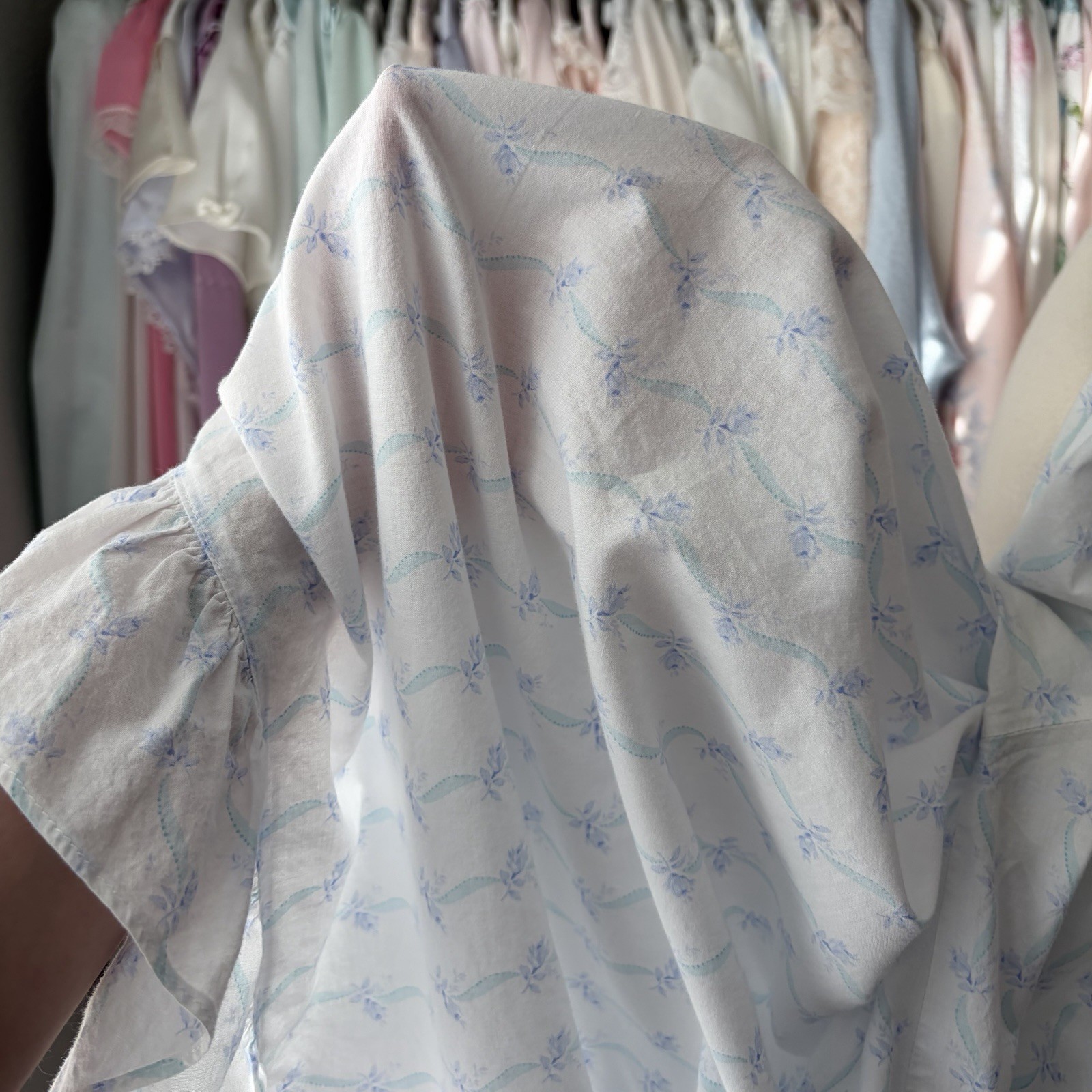 vintage y2k eileen west blue ribbon floral cotton nightgown pockets