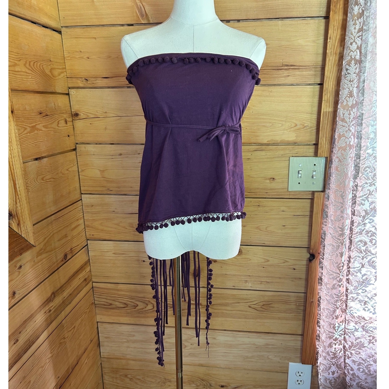 Vintage Purple Convertible Multiway Wrap Top Skirt Scarf Boho Pom Pom Fringe Fes