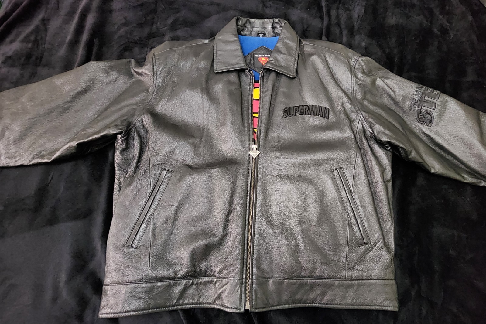 Rare Vintage Warner Bros Superman Leather Jacket Men’s XL Black DC Comics