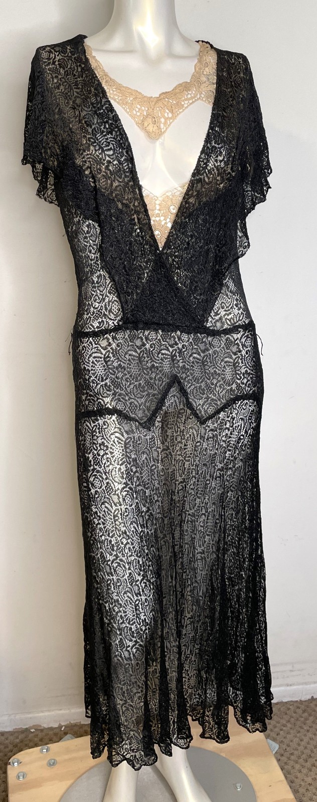 Antique 20s 30s Black Lace Art Deco Dress S M 3-in-1 Sleeveless Midi Fitted