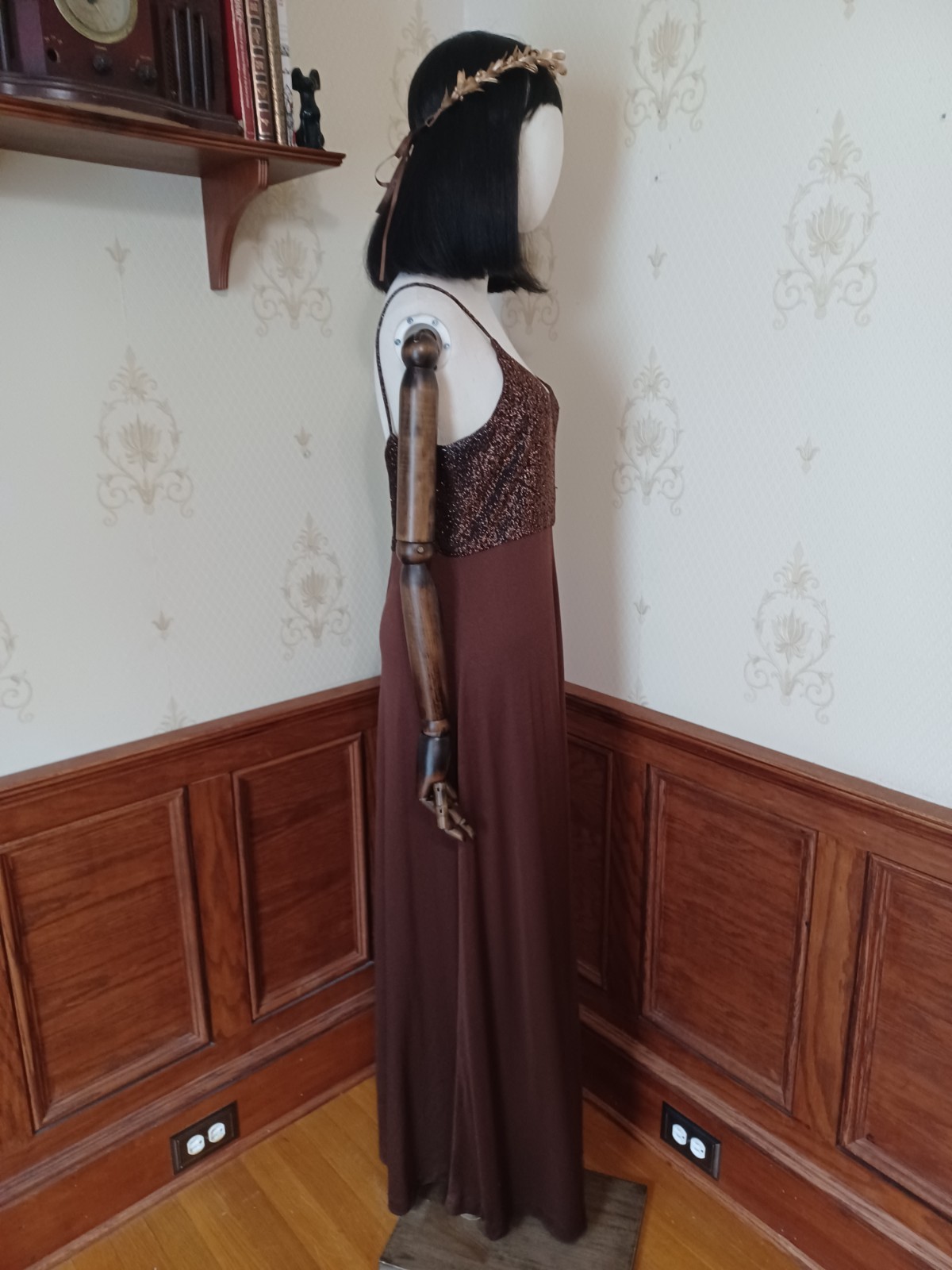 Vintage 1960s/1970s Brown Metallic Gold Bohemian Disco Maxi Evening Dress