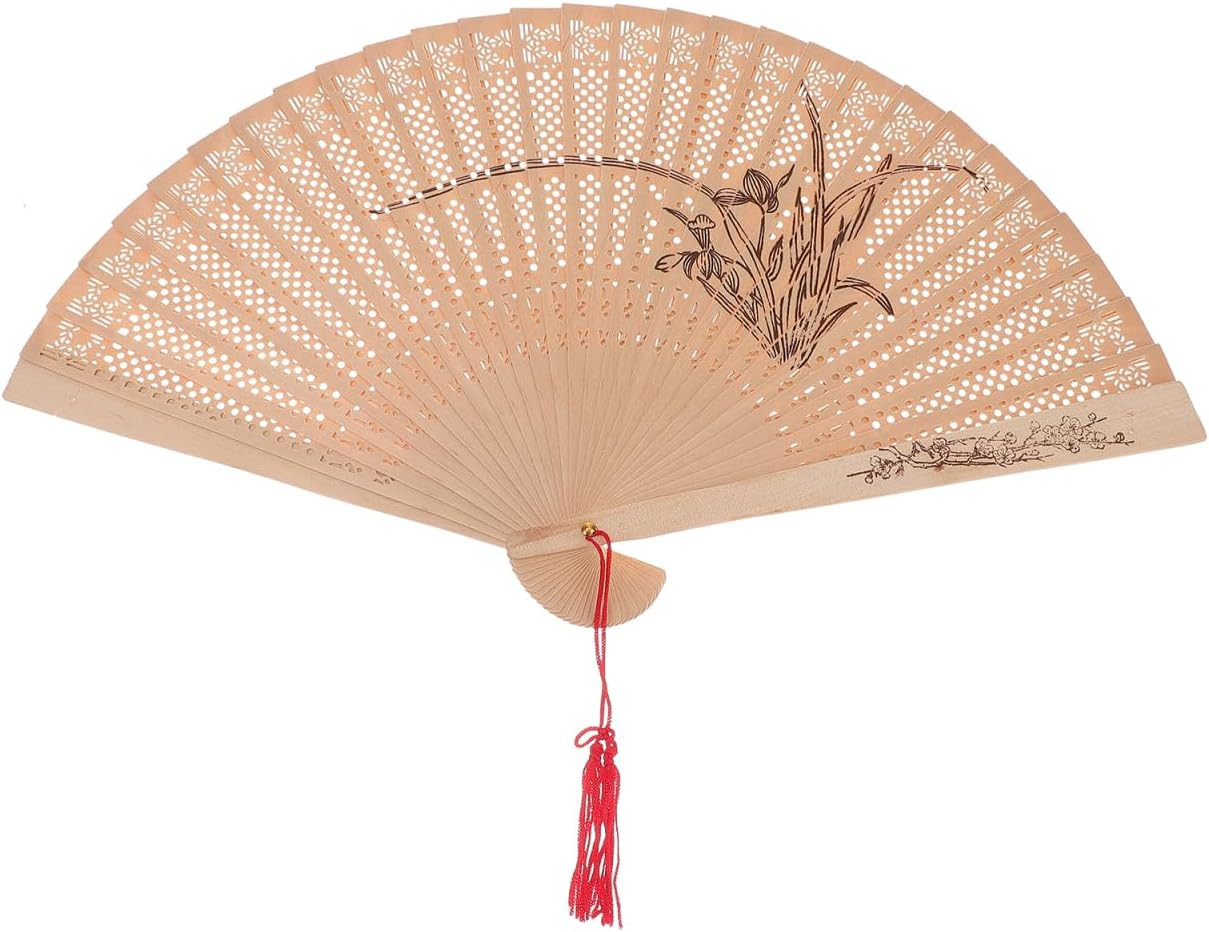 Sandalwood Folding Fan 9.25 Inch Lightweight Handheld Wooden Fan with Hollow Car