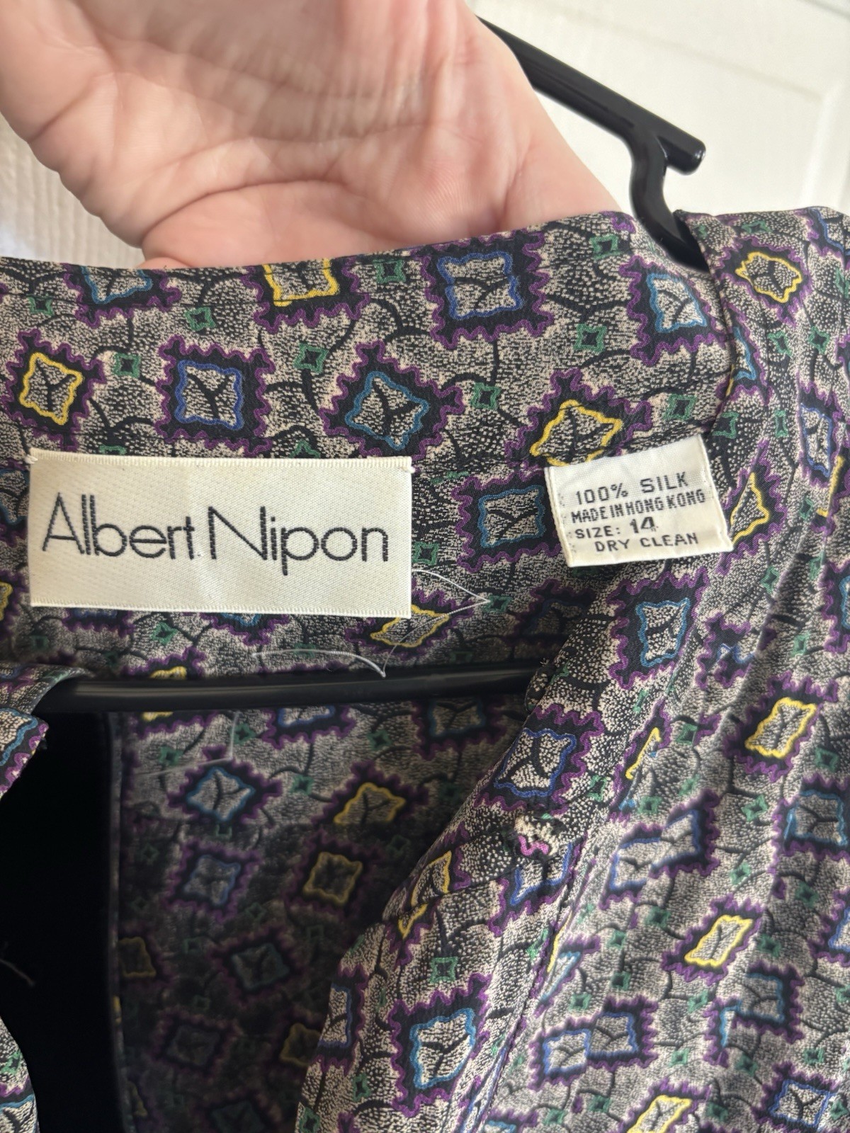Vtg 80s Albert Nipon 100% Silk Geometric Print Blouson Pleated Dress Size 14