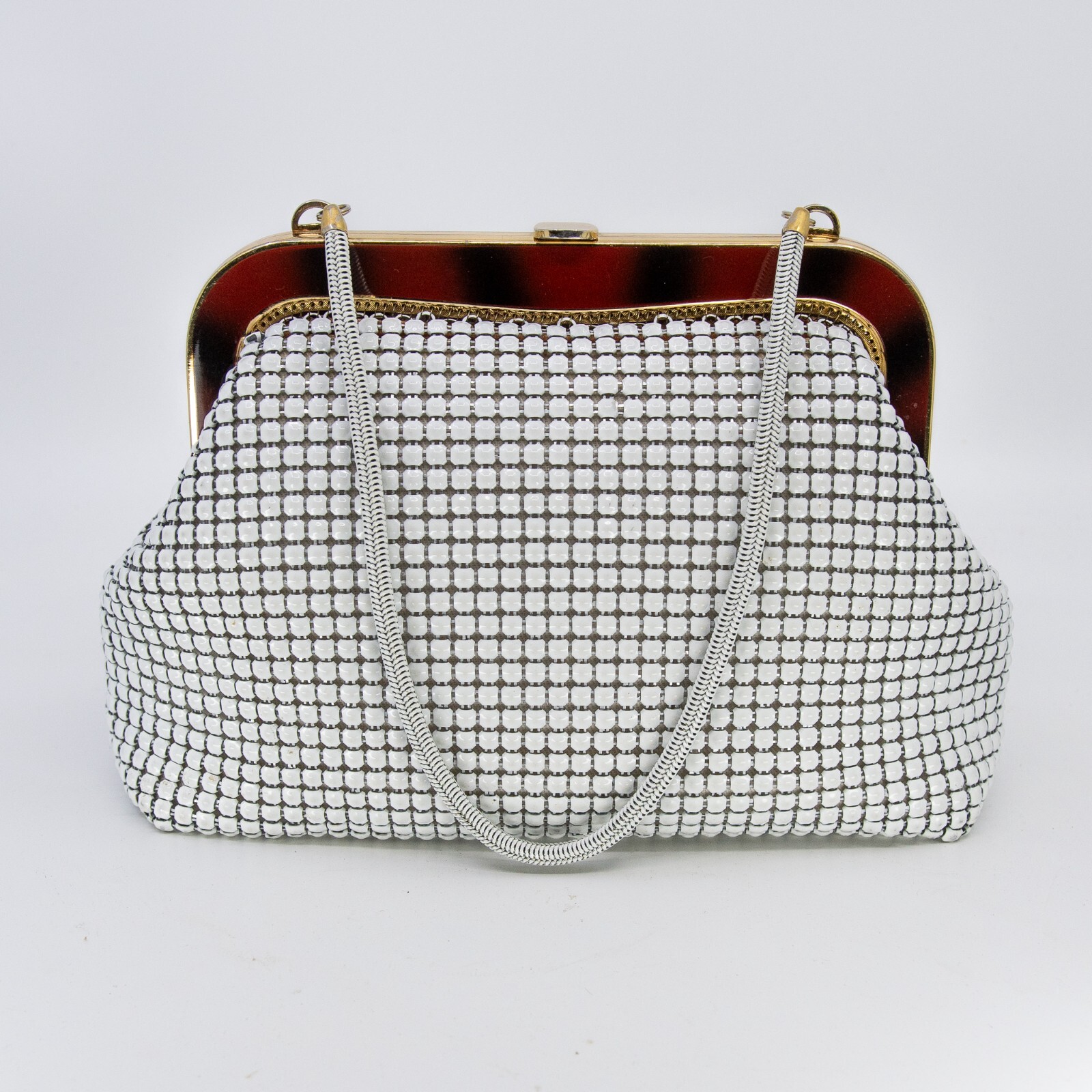 Vintage white GLOMESH branded handbag – enamel tortoiseshell frame – fits iphone