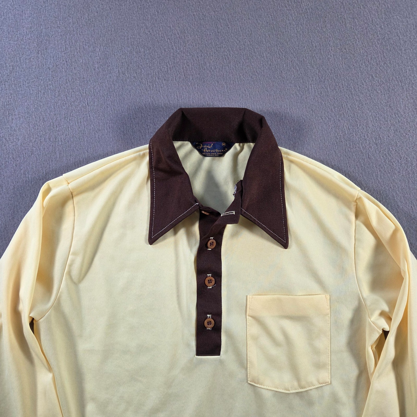 Vintage 70s Shirt Mens Medium Yellow Long Sleeve Polo Daggar Collar Smoker David