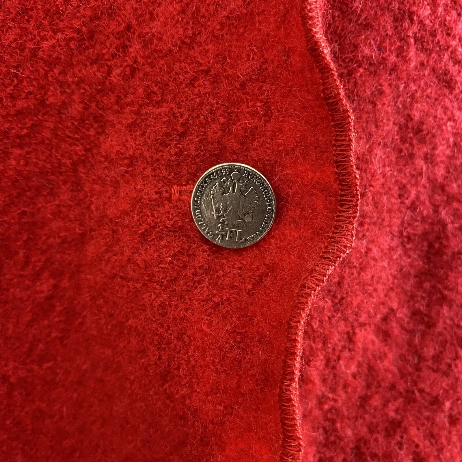 Vintage Jungmayer Womens Red 100% Wool Jacket Medium? Ruffle Collar Coin Buttons