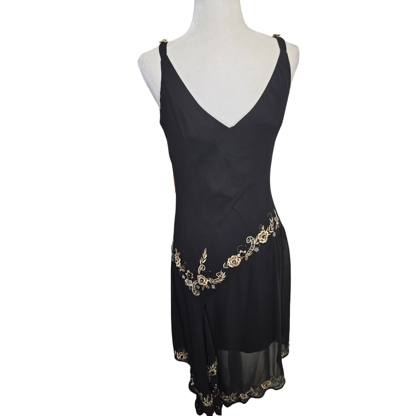 90’s Y2K Vintage Black Midi Embroidered 3D floral Whimsey Goth fairy Vampy Dress