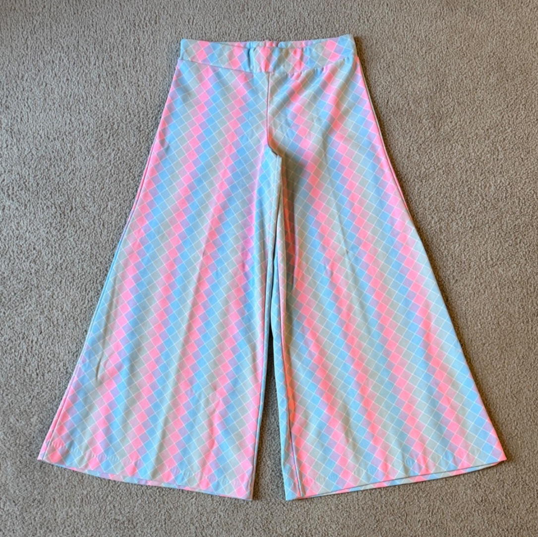 VTG 70s Women’s Pastel Diamond Pattern Flared Bellbottom Pants – 14 / 30-34 in
