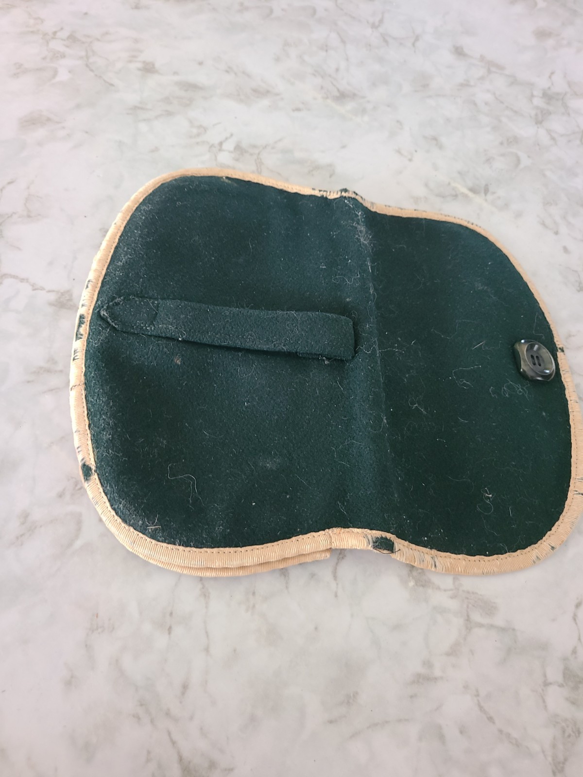 Antique Green Felt Pouch with Tan Trim, Button Closure, & Belt Loop (Fox Hunt?)