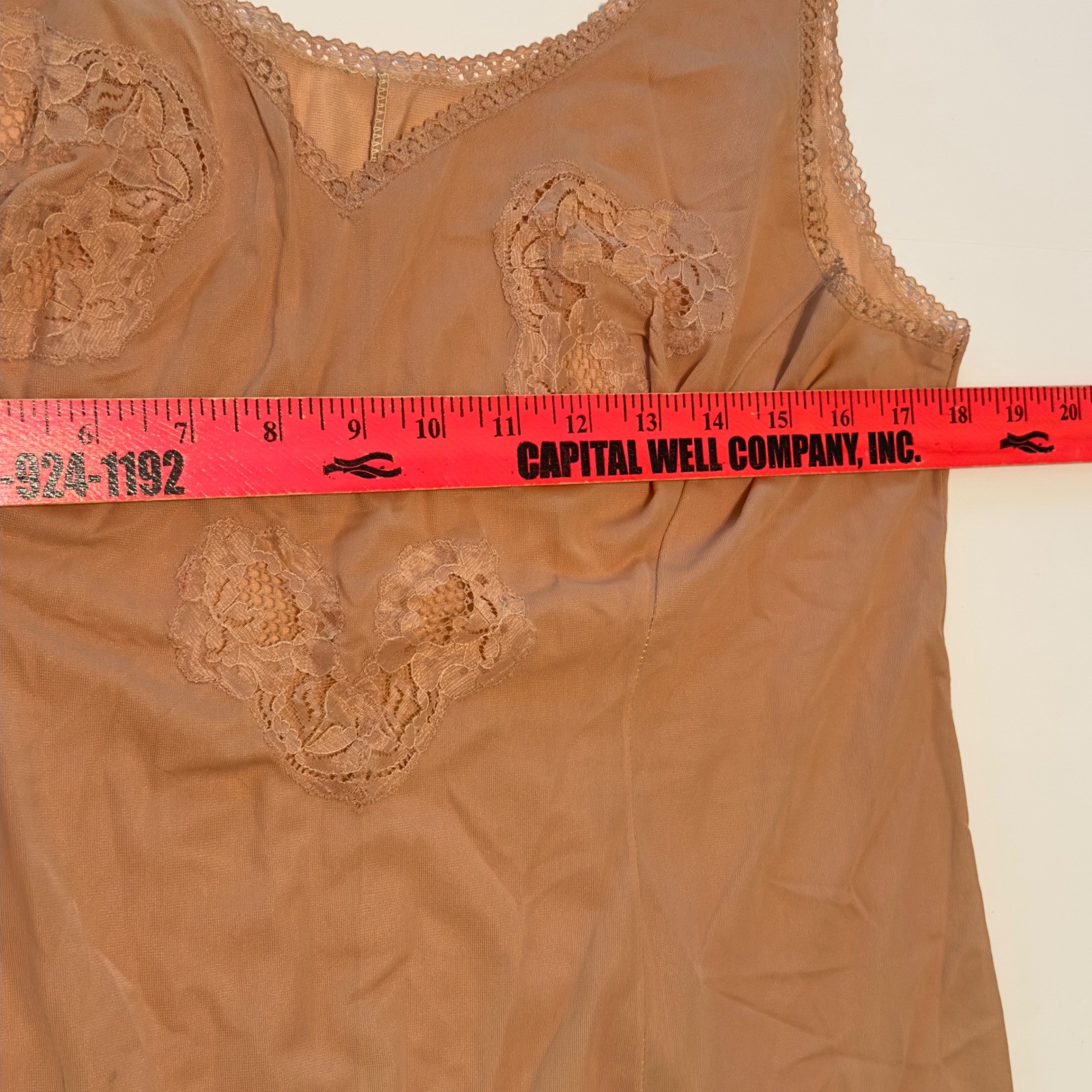 Vintage Italian Lace Trim Full Slip Dress Tan Nude Floral Applique Sz 6 Lingerie