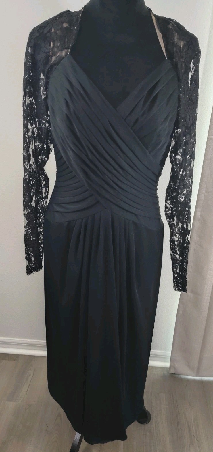 Vtg 80s Luis Estevez Black Lace Cocktail Dress Draped Ruched Evening Gown 12