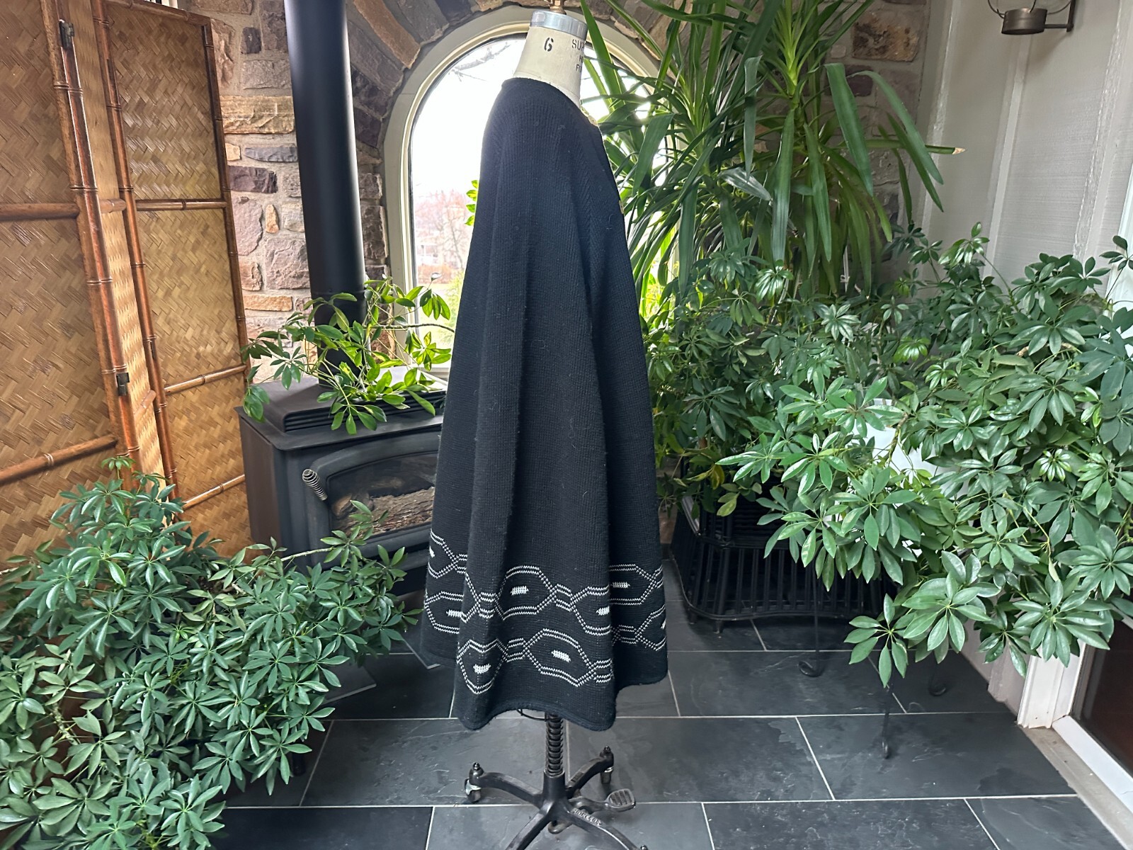 Vintage 1970s Black and White Acrylic Button Front Knee Length Cape Sturbridge